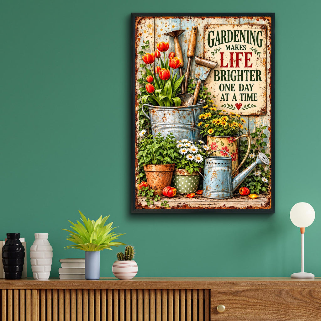 Gardening Makes Life Brighter Quote Print, Vintage Floral Poster, Garden Wall Art Gift