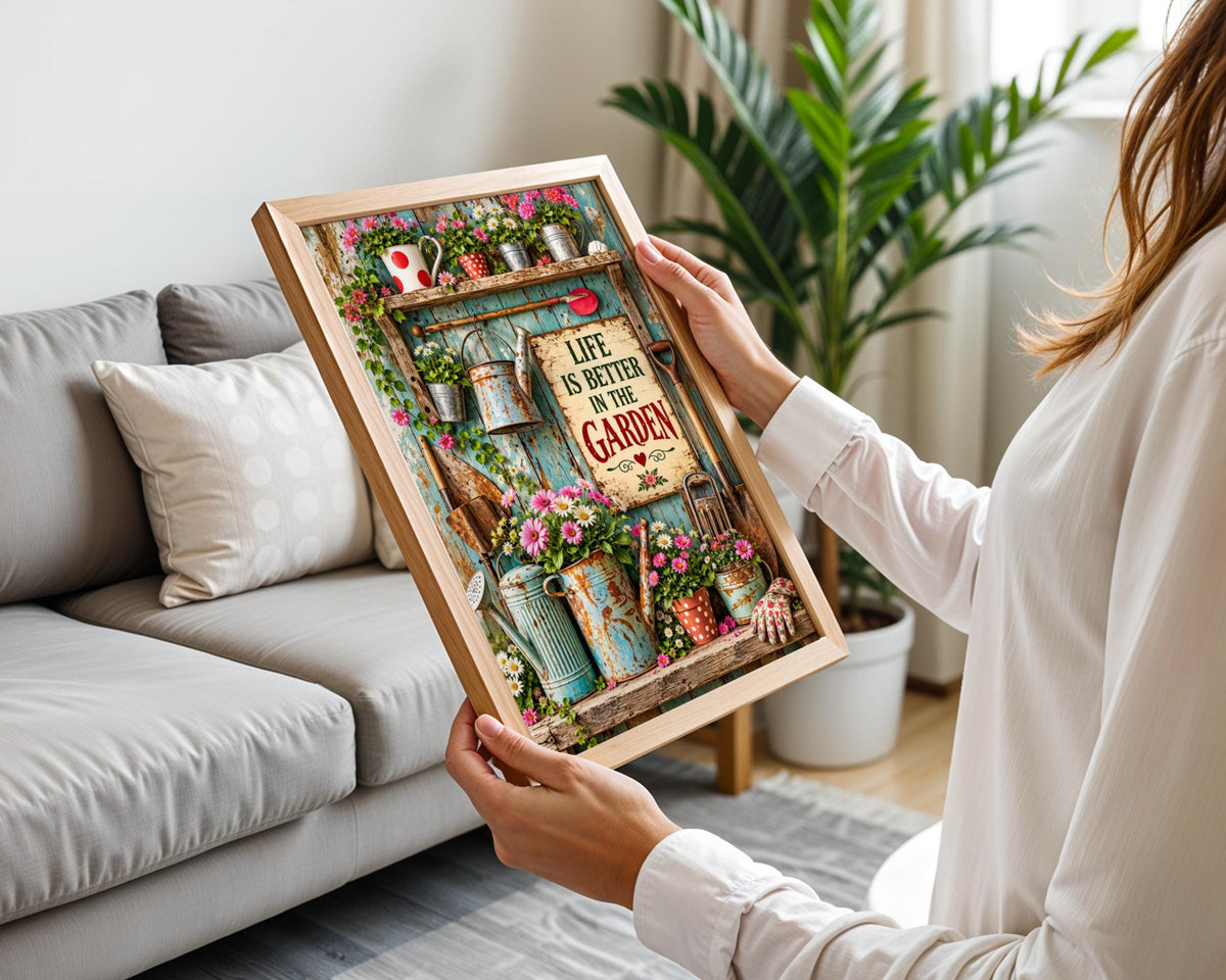 Life Is Better In The Garden Poster, Vintage Rustic Floral Wall Art, Gardening Gift Print