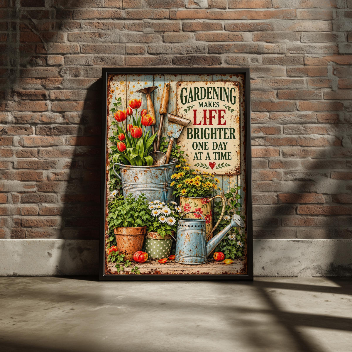 Gardening Makes Life Brighter Quote Print, Vintage Floral Poster, Garden Wall Art Gift