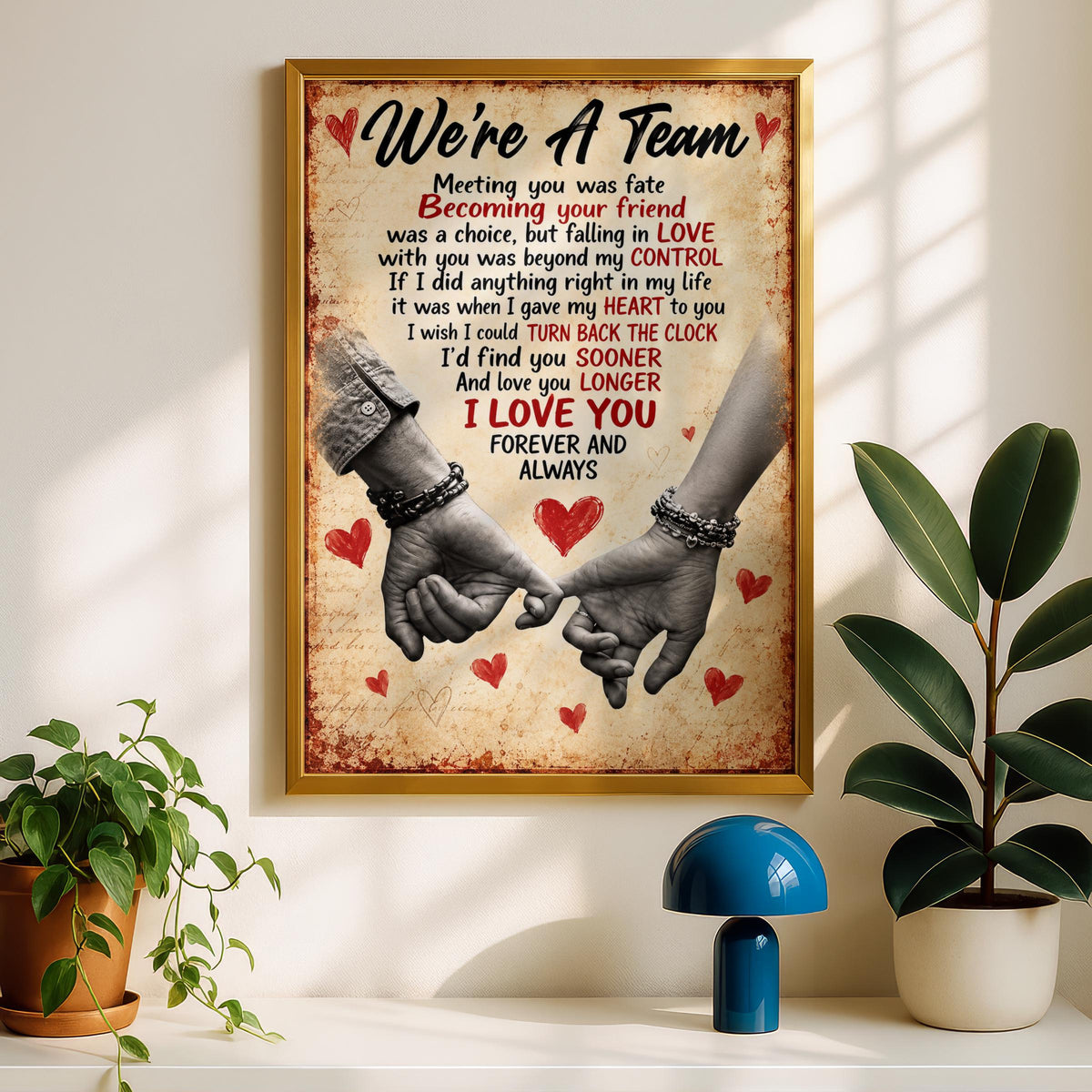 We're A Team Romantic Poster, Couple Pinky Promise Hands, Love Quote Wall Art, Anniversary Gift