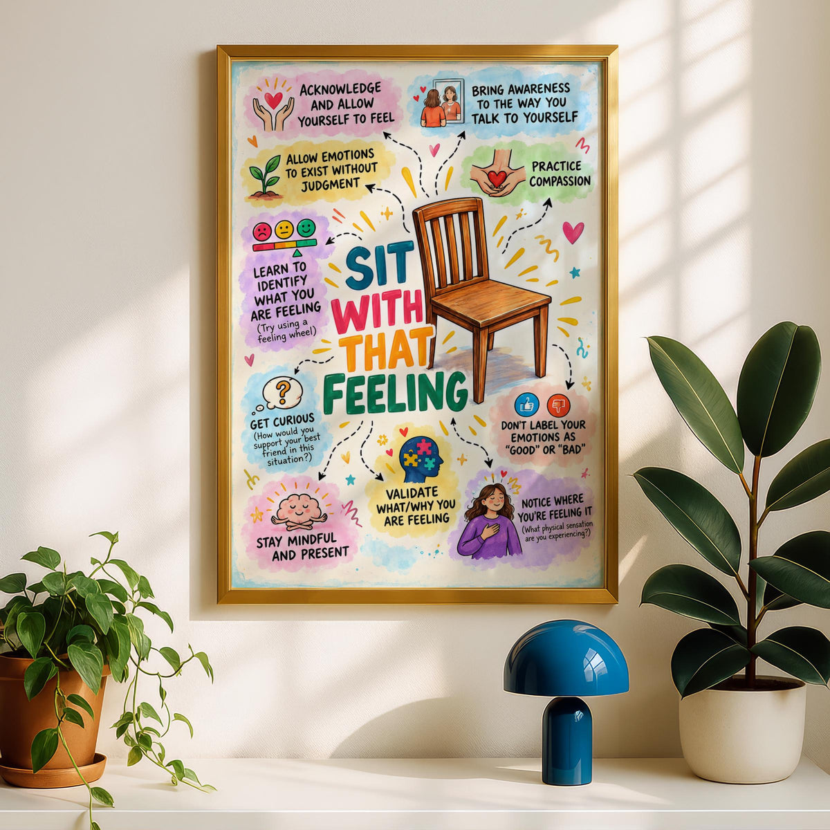 Sit With That Feeling Poster, Mental Health Wall Art, Therapy Office Print, Emotional Wellbeing