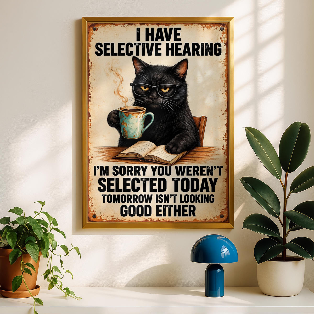 Funny Black Cat Poster, Selective Hearing Quote, Retro Tin Sign Style Wall Art, Coffee Lover Gift