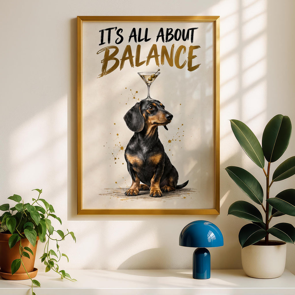 Dachshund Martini Print, Funny Sausage Dog Poster, Cocktail Bar Wall Art, Gold Brush Quote
