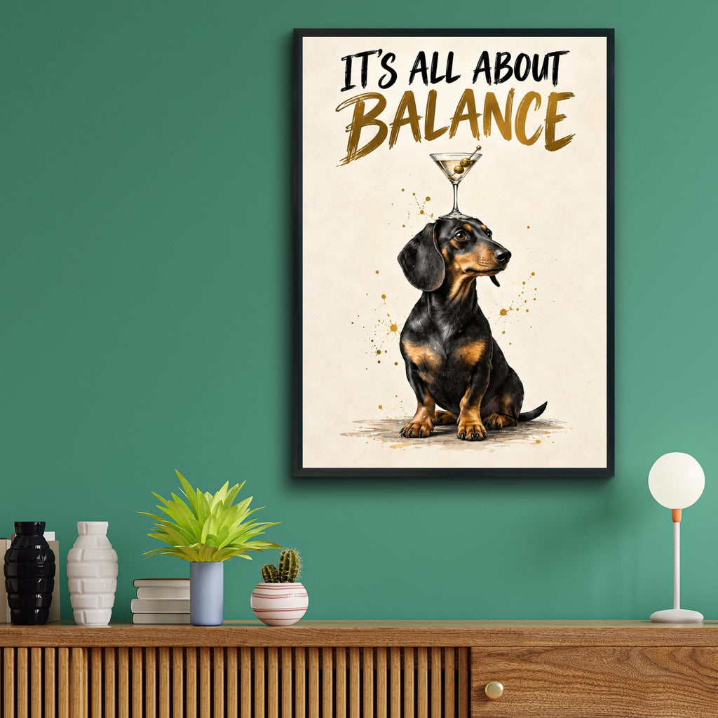 Dachshund Martini Print, Funny Sausage Dog Poster, Cocktail Bar Wall Art, Gold Brush Quote