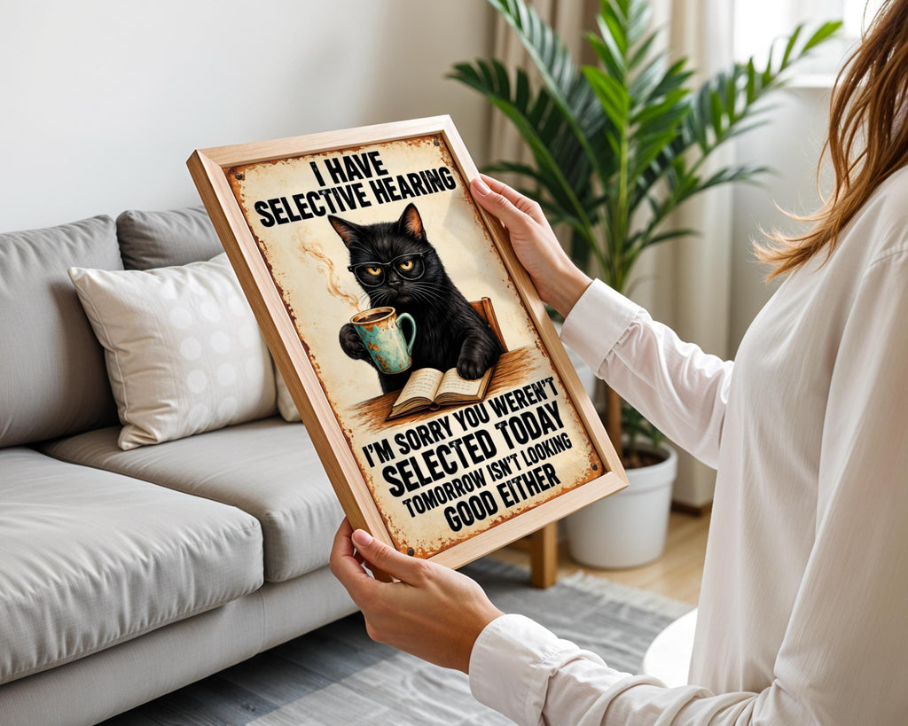Funny Black Cat Poster, Selective Hearing Quote, Retro Tin Sign Style Wall Art, Coffee Lover Gift