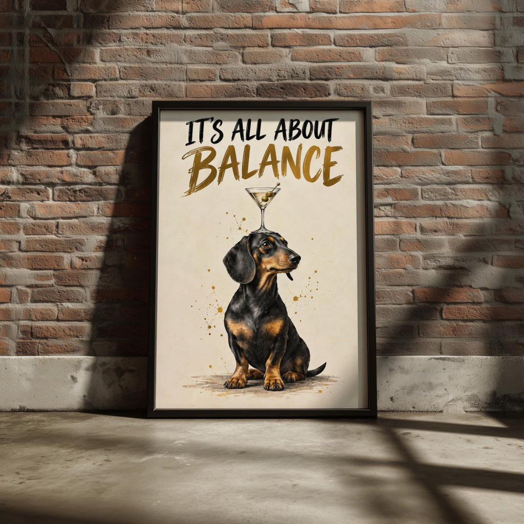 Dachshund Martini Print, Funny Sausage Dog Poster, Cocktail Bar Wall Art, Gold Brush Quote