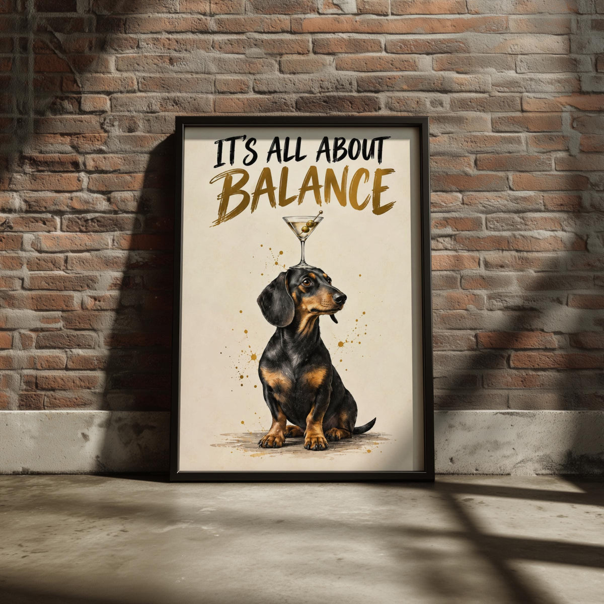 Dachshund Martini Print, Funny Sausage Dog Poster, Cocktail Bar Wall Art, Gold Brush Quote