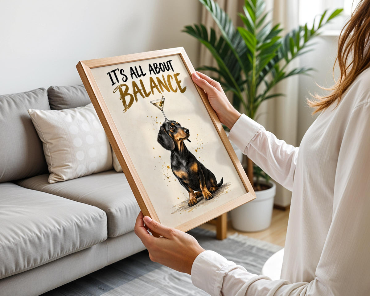 Dachshund Martini Print, Funny Sausage Dog Poster, Cocktail Bar Wall Art, Gold Brush Quote