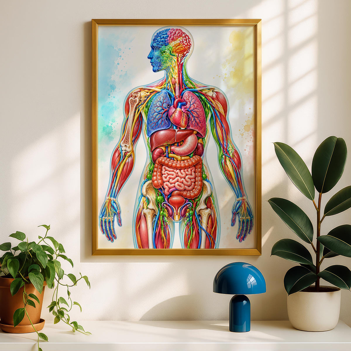 Human Anatomy Poster, Colourful Watercolour Medical Wall Art, Organs Muscles Bones Educational Print