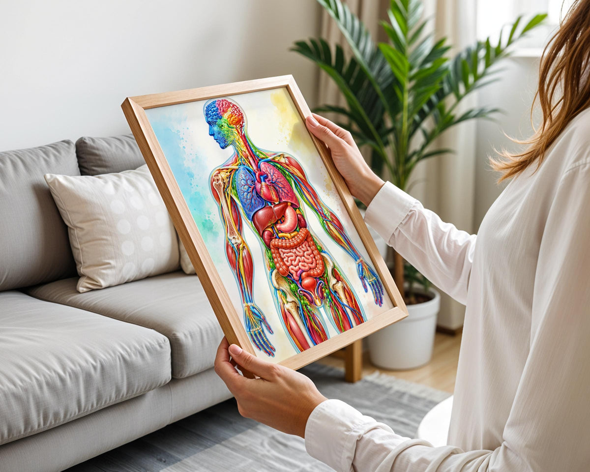 Human Anatomy Poster, Colourful Watercolour Medical Wall Art, Organs Muscles Bones Educational Print