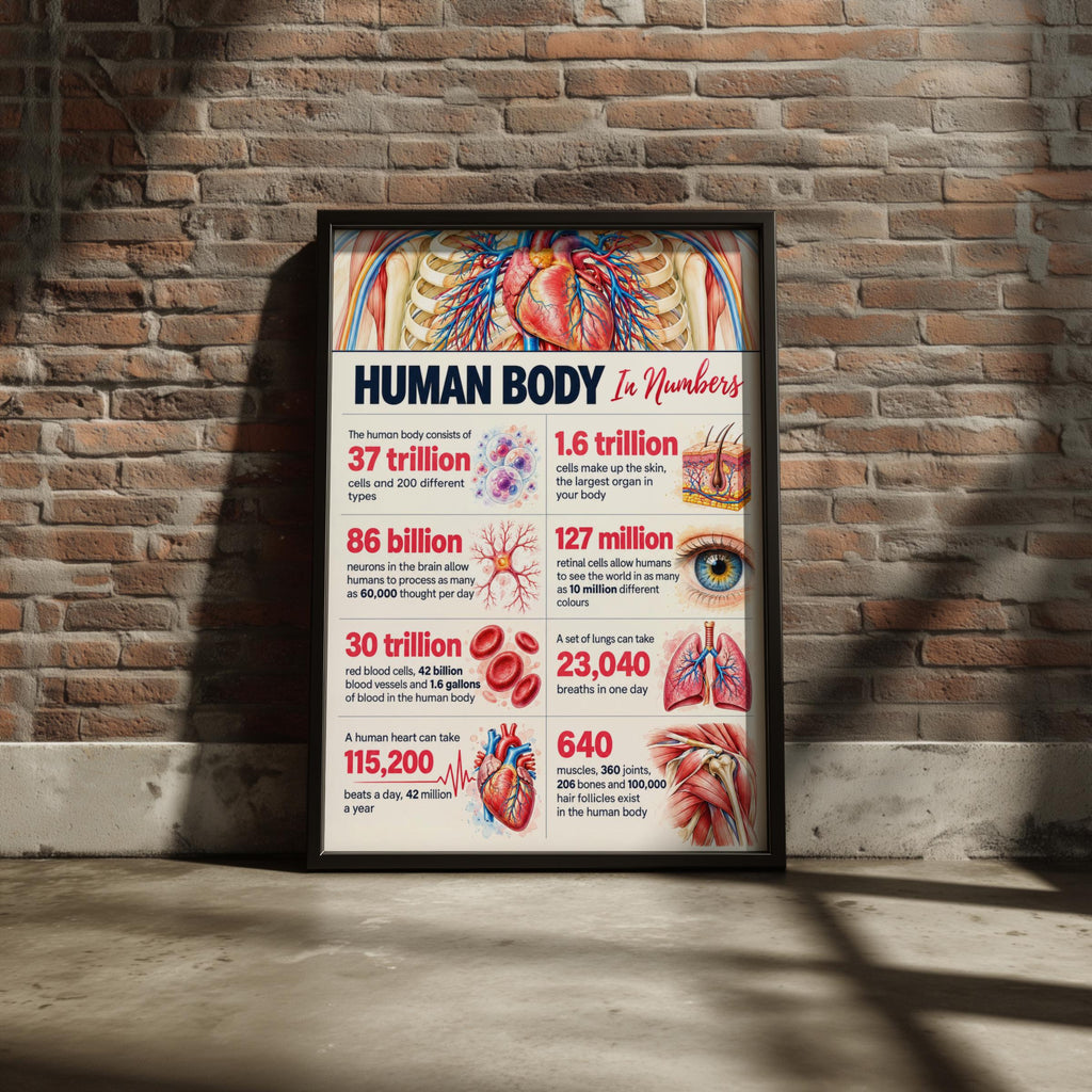 Human Body in Numbers Anatomy Poster, Medical Wall Art, Biology Classroom Print, Science Facts
