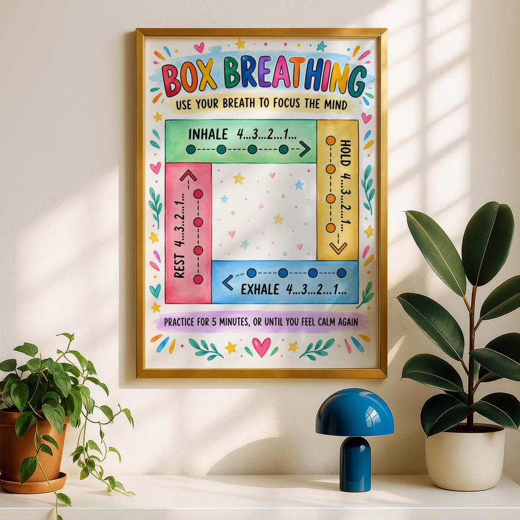Box Breathing Poster, Calm Corner Wall Art, Mindfulness Chart for Kids Classroom, Colourful Anxiety