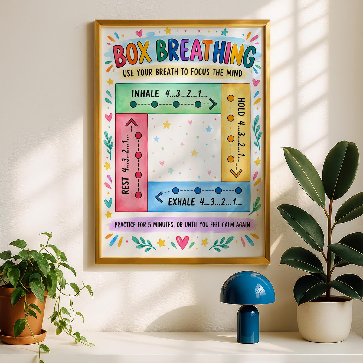 Box Breathing Poster, Calm Corner Wall Art, Mindfulness Chart for Kids Classroom, Colourful Anxiety