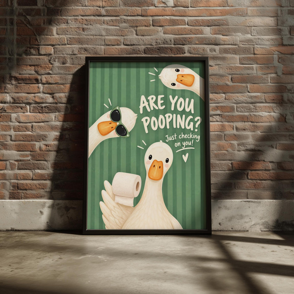 Funny Bathroom Wall Art, Goose Toilet Print, Quirky Geese Poster, Green Striped Loo Humour Decor