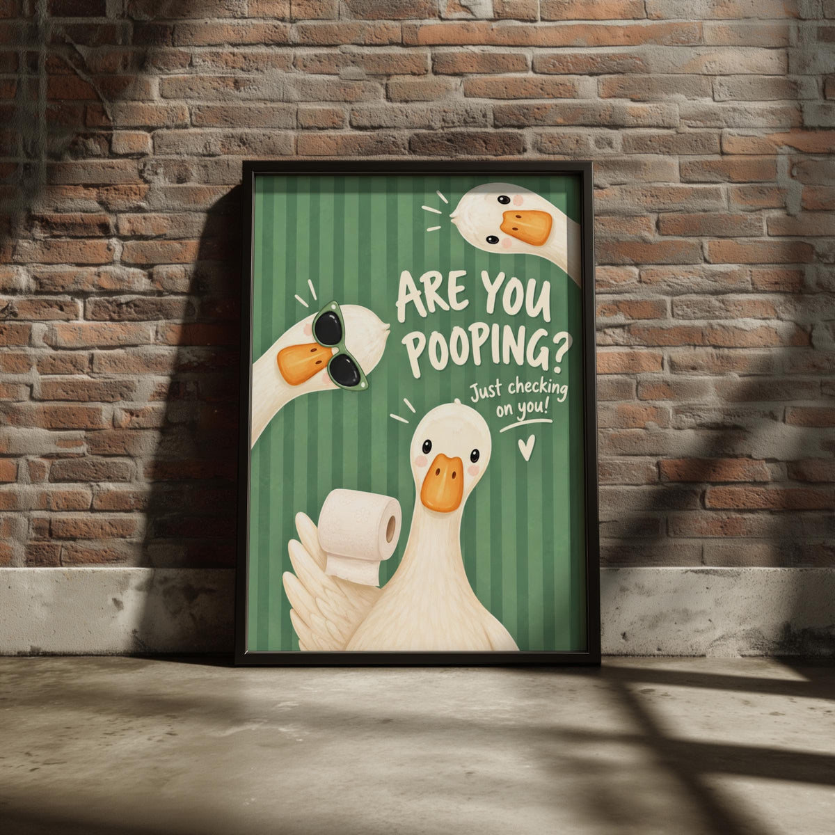 Funny Bathroom Wall Art, Goose Toilet Print, Quirky Geese Poster, Green Striped Loo Humour Decor