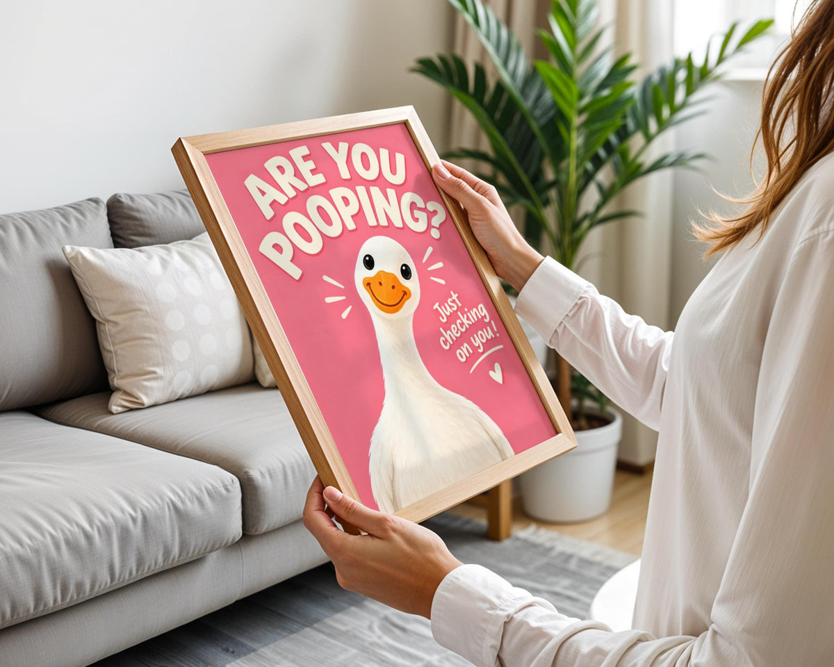 Funny Goose Bathroom Print, Are You Pooping Quote, Pink Toilet Humour Poster, Cute Loo Wall Art