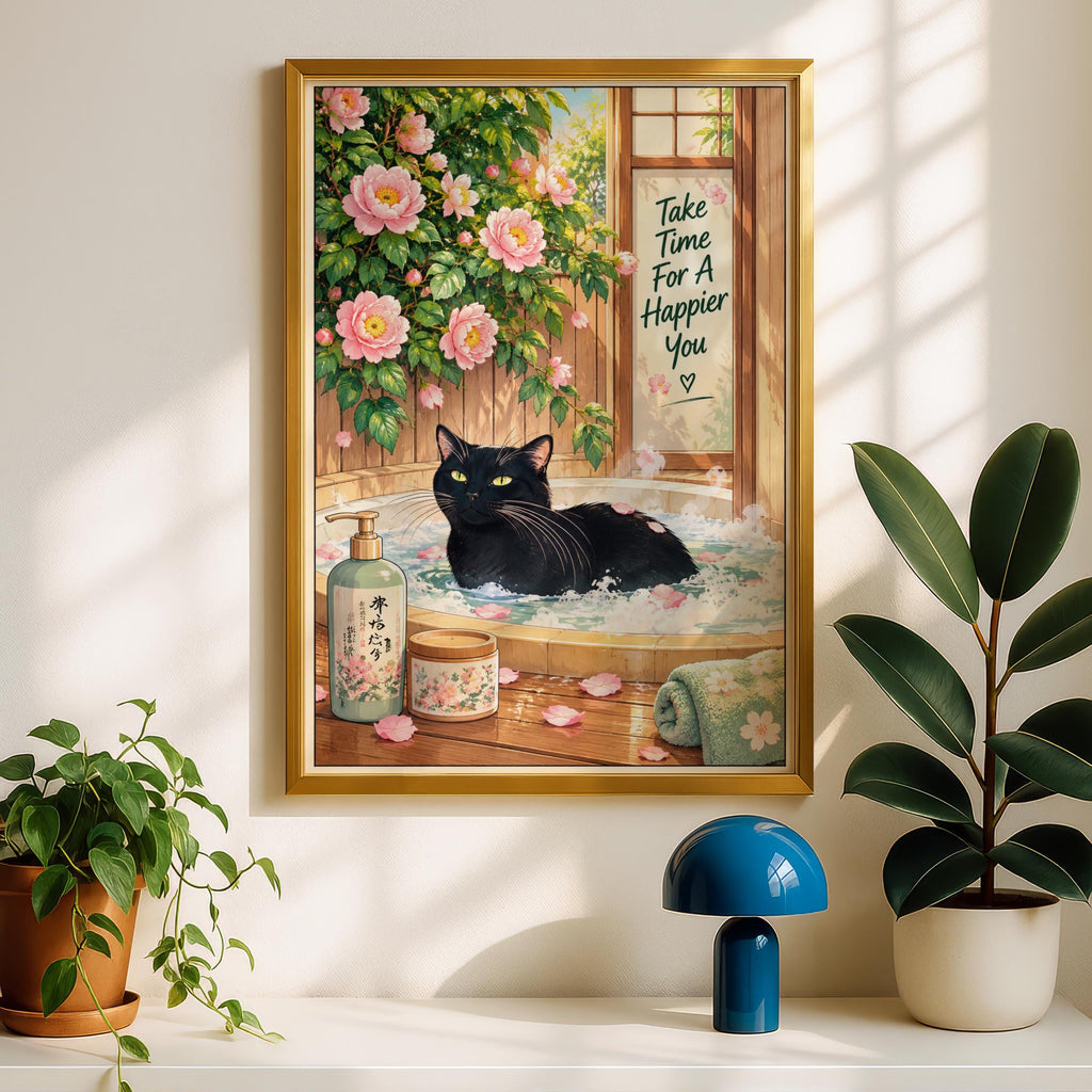 Black Cat Bath Poster, Japanese Spa Wall Art, Pink Peony Bathroom Print, Cute Self Care Quote