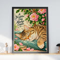 Sleeping Tabby Cat Poster, Pink Peony Wall Art, Cosy Cat Lover Print, Positive Quote Nursery Decor