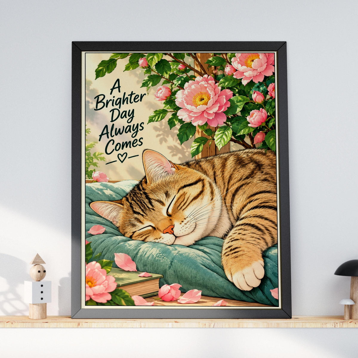 Sleeping Tabby Cat Poster, Pink Peony Wall Art, Cosy Cat Lover Print, Positive Quote Nursery Decor