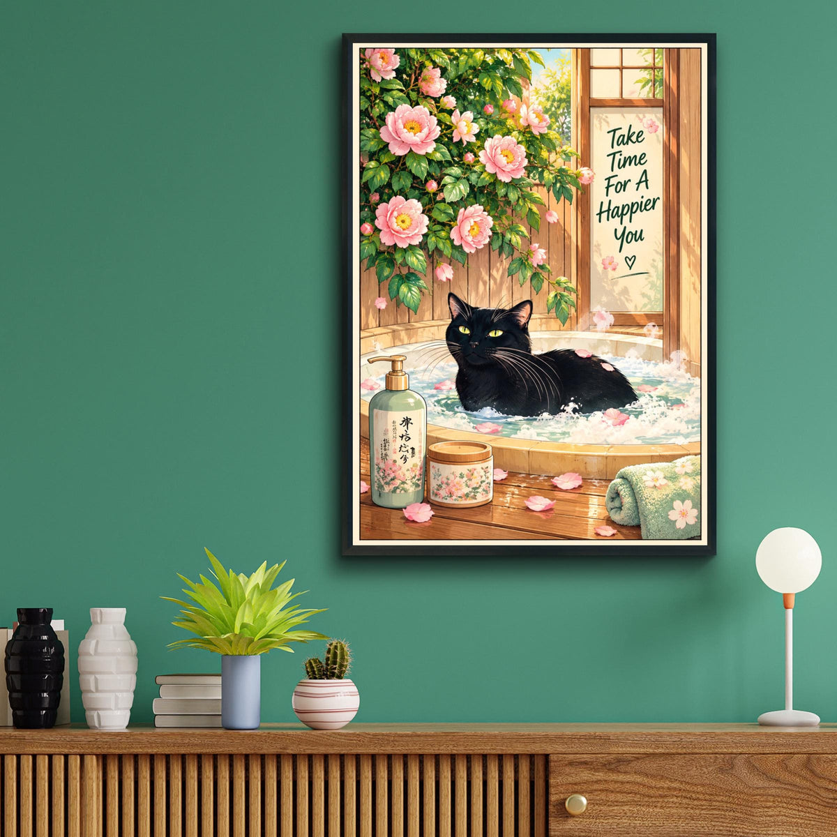 Black Cat Bath Poster, Japanese Spa Wall Art, Pink Peony Bathroom Print, Cute Self Care Quote