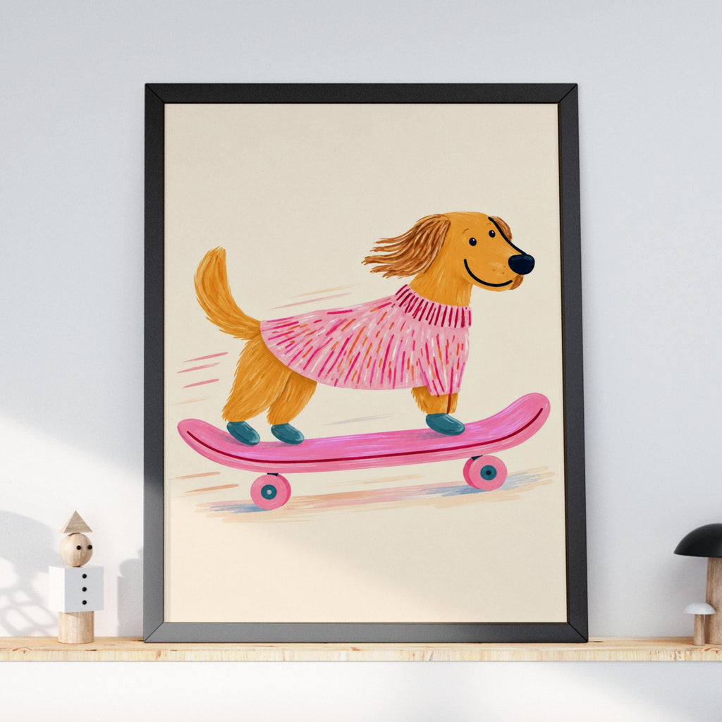 Skateboarding Dog Print, Golden Retriever in Pink Jumper, Whimsical Nursery Wall Art, Kids Room