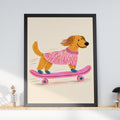 Skateboarding Dog Print, Golden Retriever in Pink Jumper, Whimsical Nursery Wall Art, Kids Room