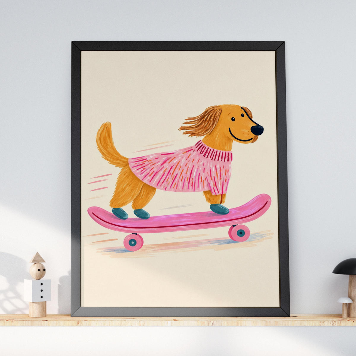 Skateboarding Dog Print, Golden Retriever in Pink Jumper, Whimsical Nursery Wall Art, Kids Room