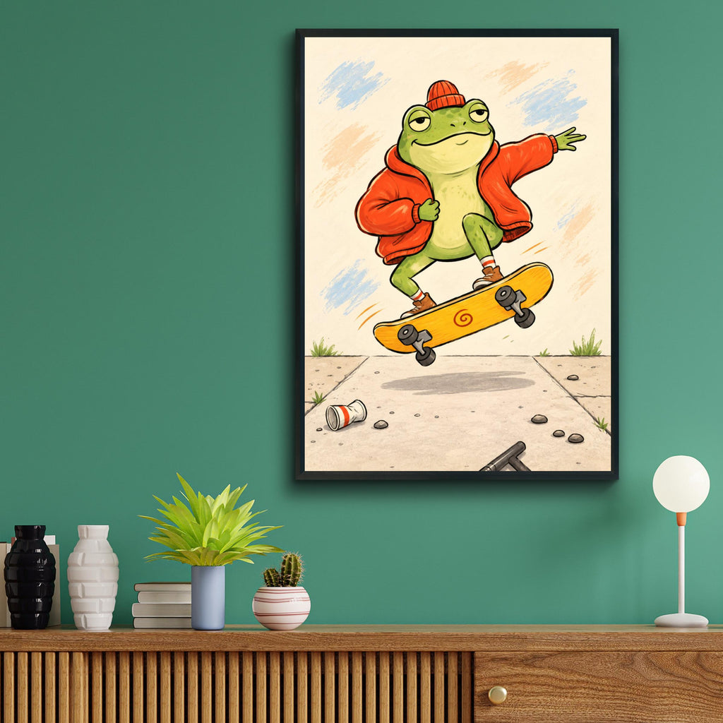 Skateboarding Frog Wall Art, Funny Animal Print, Cartoon Frog Poster, Quirky Kids Room Decor