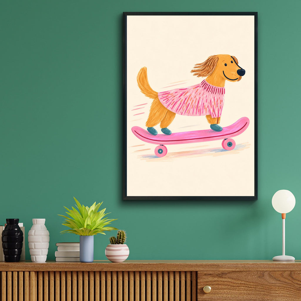 Skateboarding Dog Print, Golden Retriever in Pink Jumper, Whimsical Nursery Wall Art, Kids Room