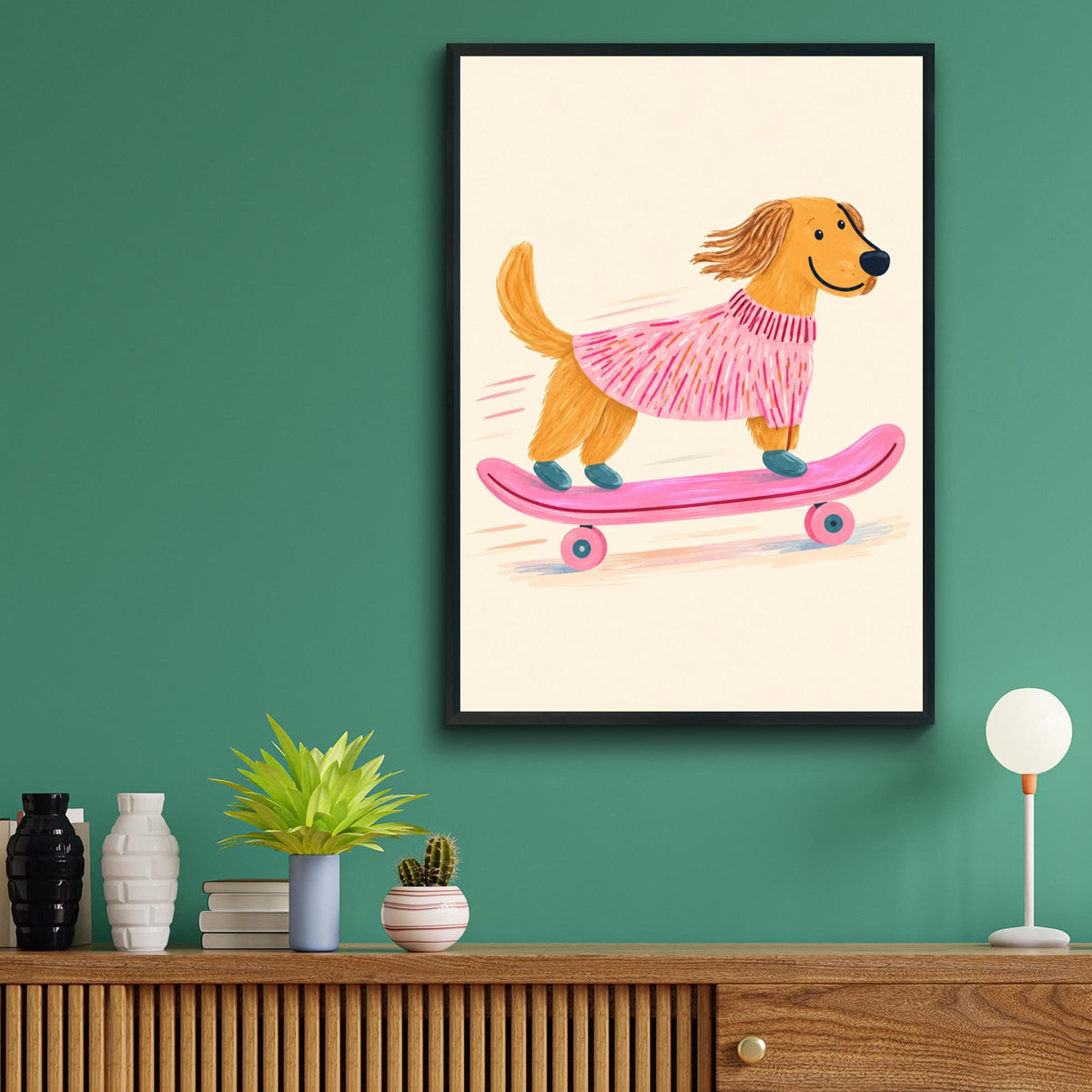 Skateboarding Dog Print, Golden Retriever in Pink Jumper, Whimsical Nursery Wall Art, Kids Room