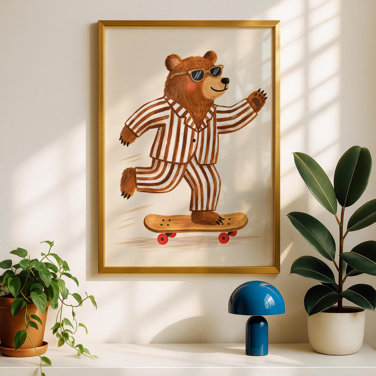 Skateboarding Bear Wall Art, Cool Bear in Sunglasses, Striped Pyjamas Print, Quirky Nursery Poster