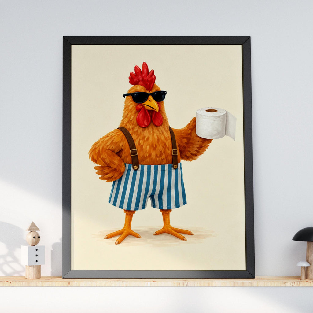 Funny Rooster Bathroom Wall Art, Toilet Roll Poster, Quirky Chicken Print, Humorous Loo Decor