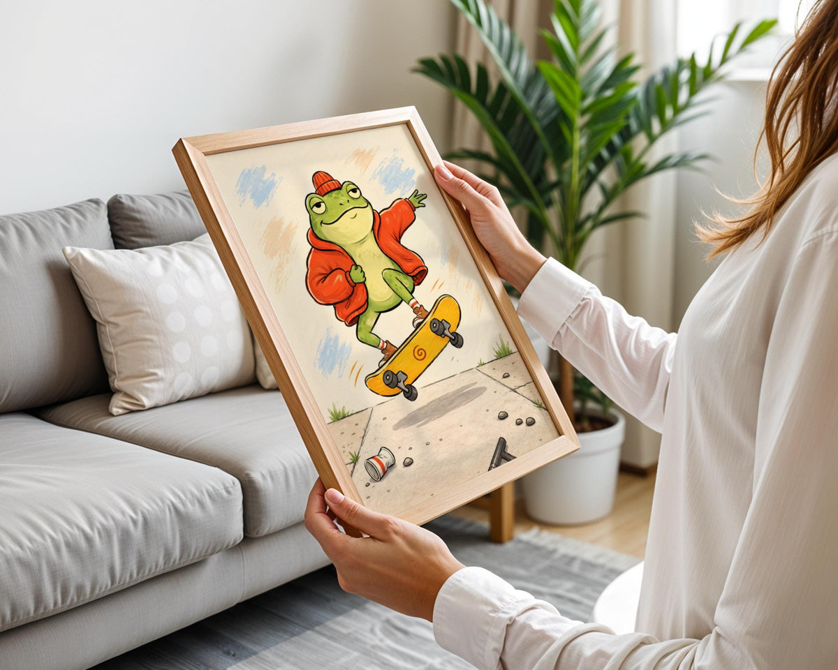 Skateboarding Frog Wall Art, Funny Animal Print, Cartoon Frog Poster, Quirky Kids Room Decor