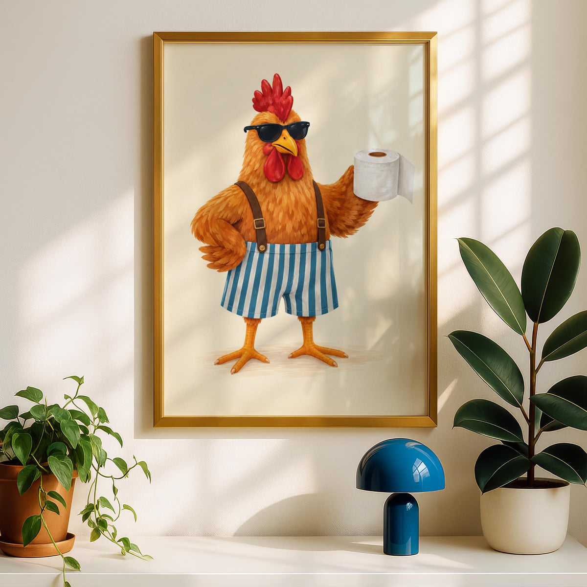 Funny Rooster Bathroom Wall Art, Toilet Roll Poster, Quirky Chicken Print, Humorous Loo Decor