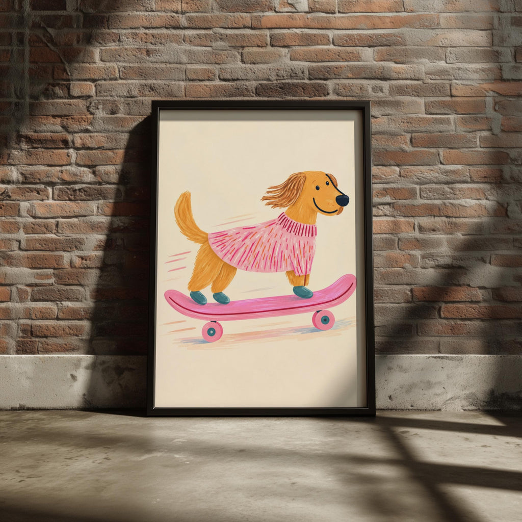 Skateboarding Dog Print, Golden Retriever in Pink Jumper, Whimsical Nursery Wall Art, Kids Room
