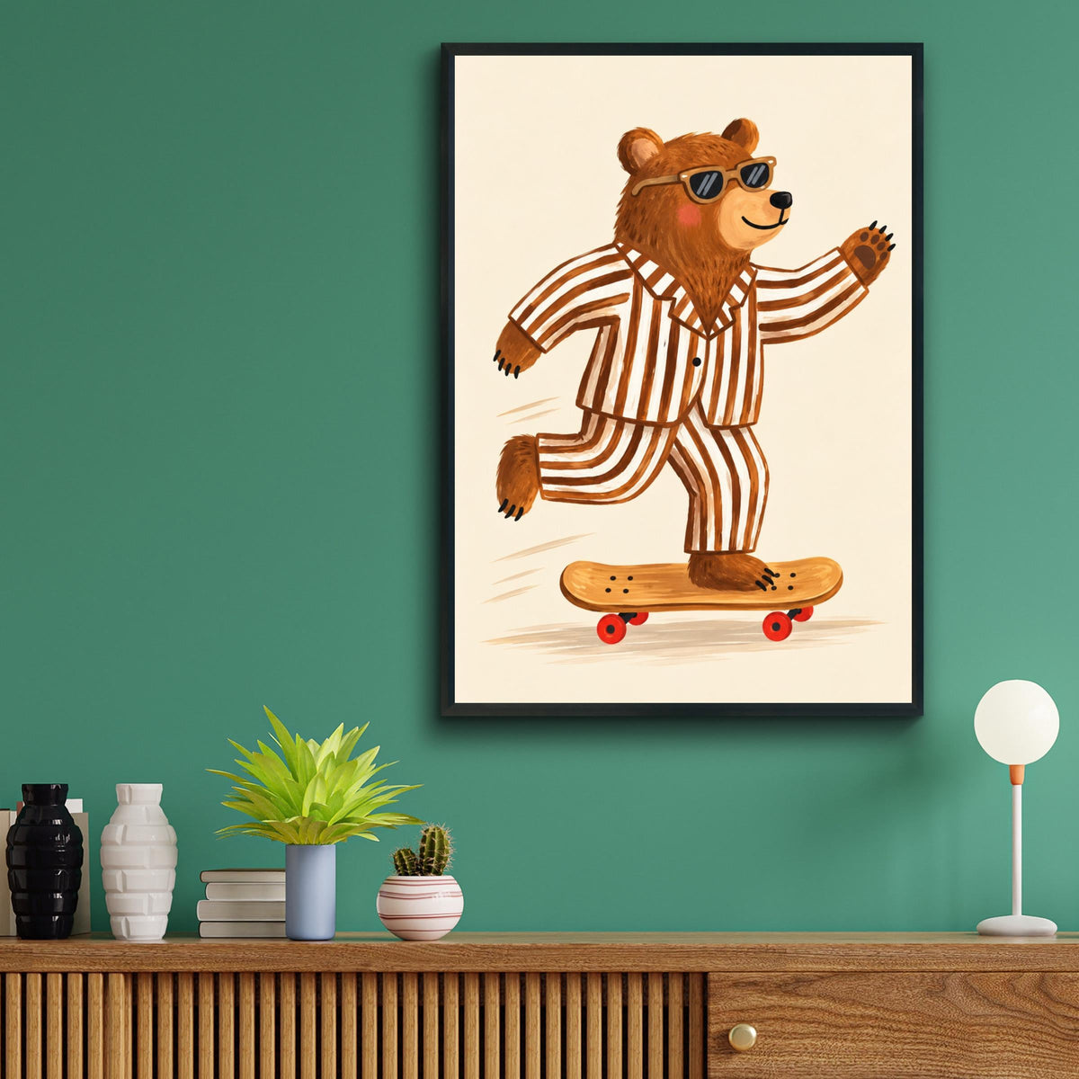 Skateboarding Bear Wall Art, Cool Bear in Sunglasses, Striped Pyjamas Print, Quirky Nursery Poster