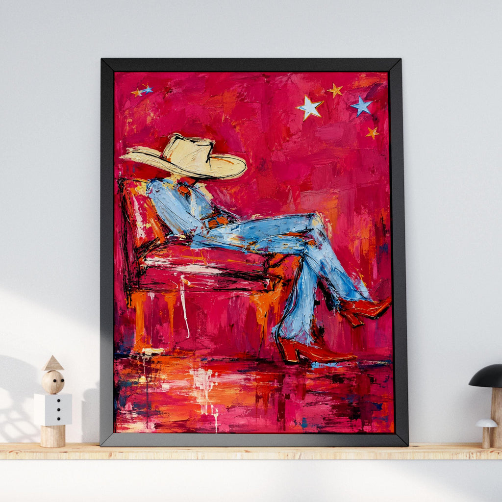 Relaxing Cowboy Abstract Wall Art, Pink Western Poster, Cowgirl Boots Painting, Bold Eclectic Print