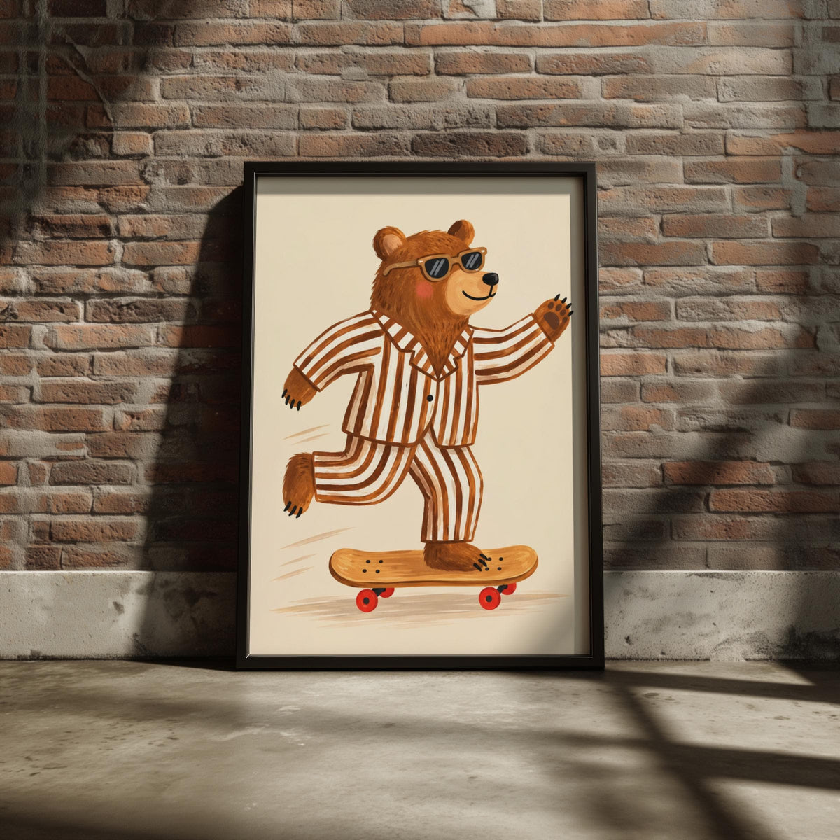 Skateboarding Bear Wall Art, Cool Bear in Sunglasses, Striped Pyjamas Print, Quirky Nursery Poster