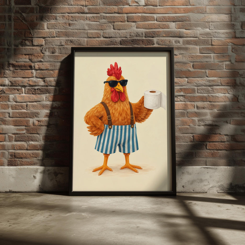 Funny Rooster Bathroom Wall Art, Toilet Roll Poster, Quirky Chicken Print, Humorous Loo Decor