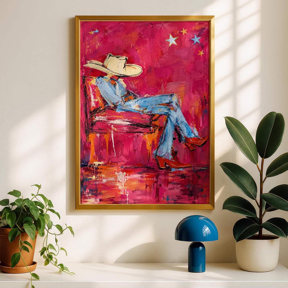 Relaxing Cowboy Abstract Wall Art, Pink Western Poster, Cowgirl Boots Painting, Bold Eclectic Print
