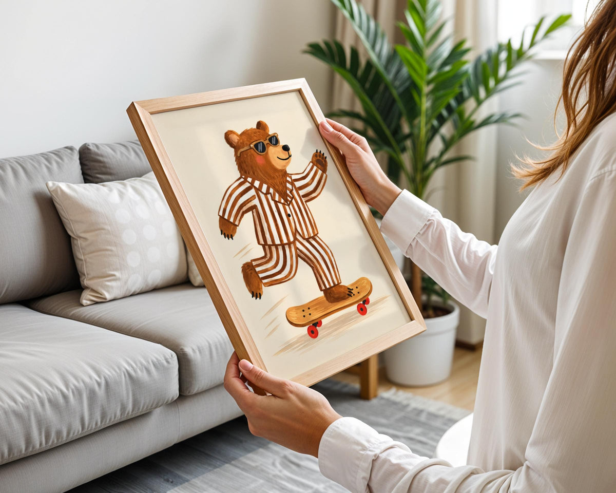 Skateboarding Bear Wall Art, Cool Bear in Sunglasses, Striped Pyjamas Print, Quirky Nursery Poster