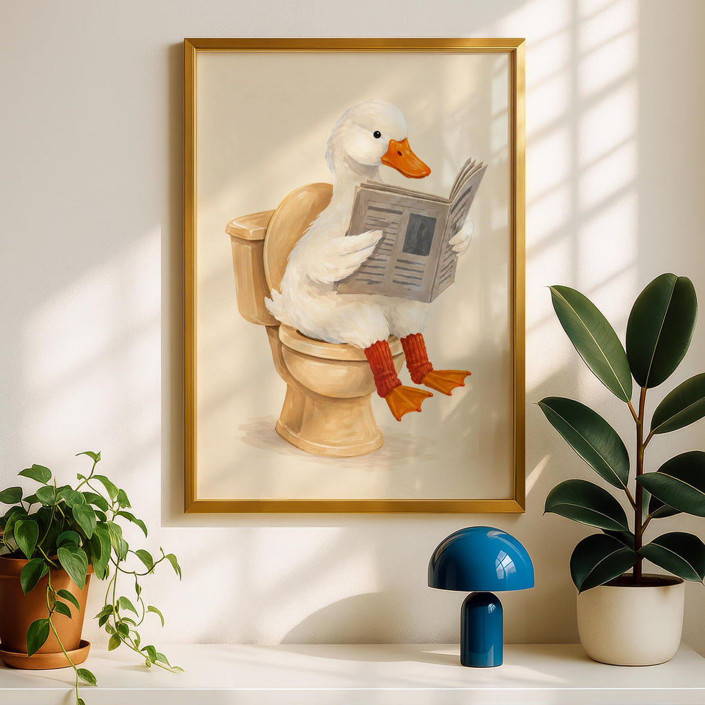 Funny Duck on Toilet Reading Newspaper, Quirky Bathroom Wall Art, Humorous Animal Poster Print
