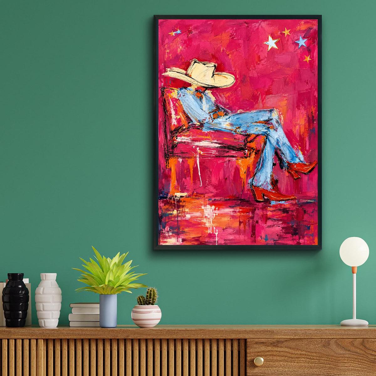 Relaxing Cowboy Abstract Wall Art, Pink Western Poster, Cowgirl Boots Painting, Bold Eclectic Print