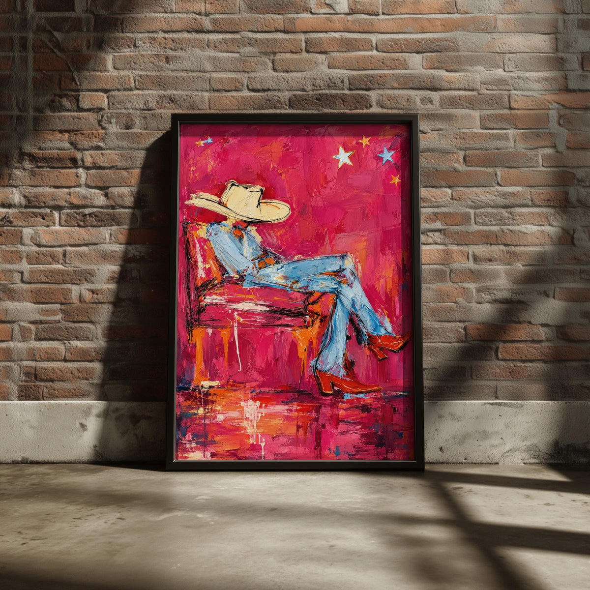 Relaxing Cowboy Abstract Wall Art, Pink Western Poster, Cowgirl Boots Painting, Bold Eclectic Print