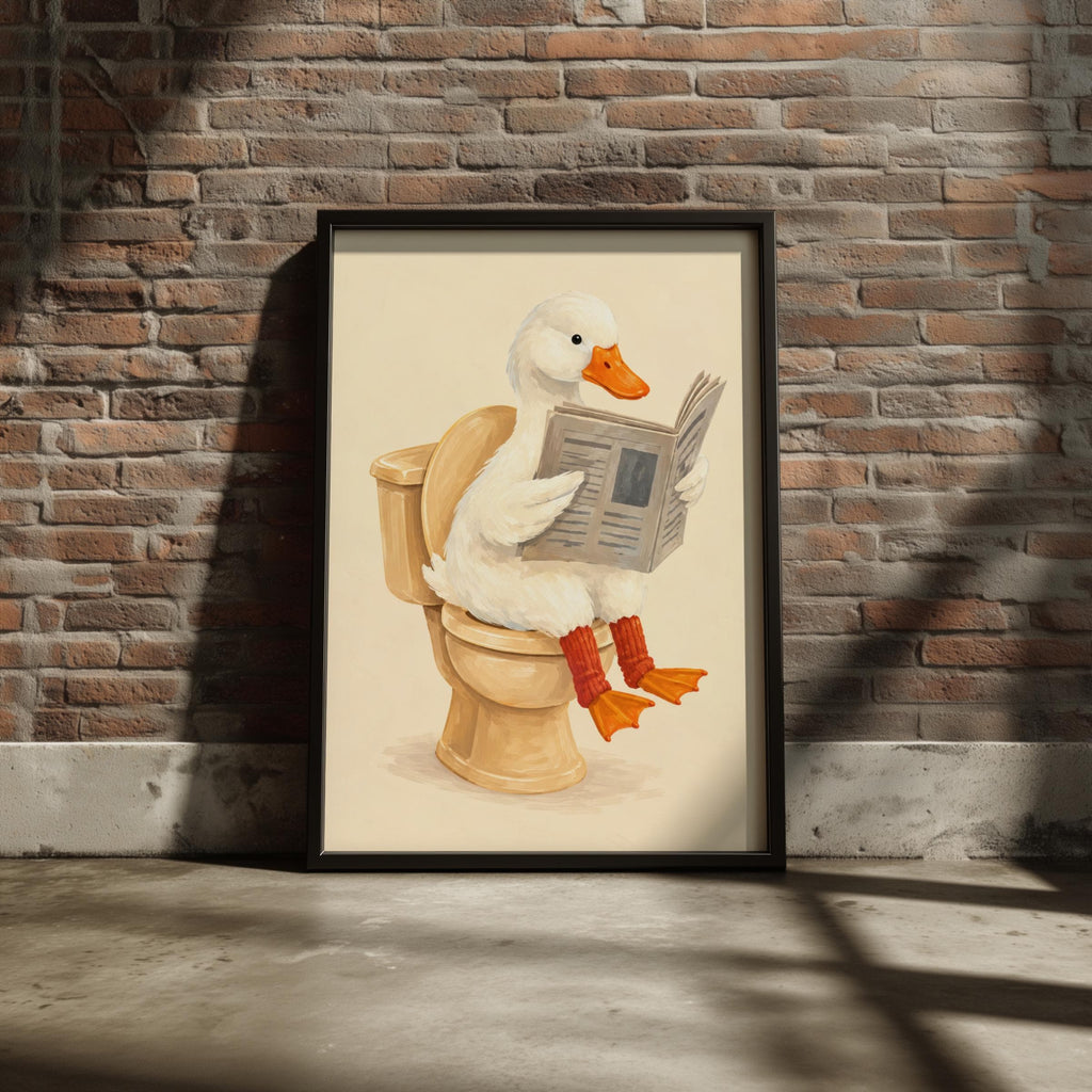 Funny Duck on Toilet Reading Newspaper, Quirky Bathroom Wall Art, Humorous Animal Poster Print