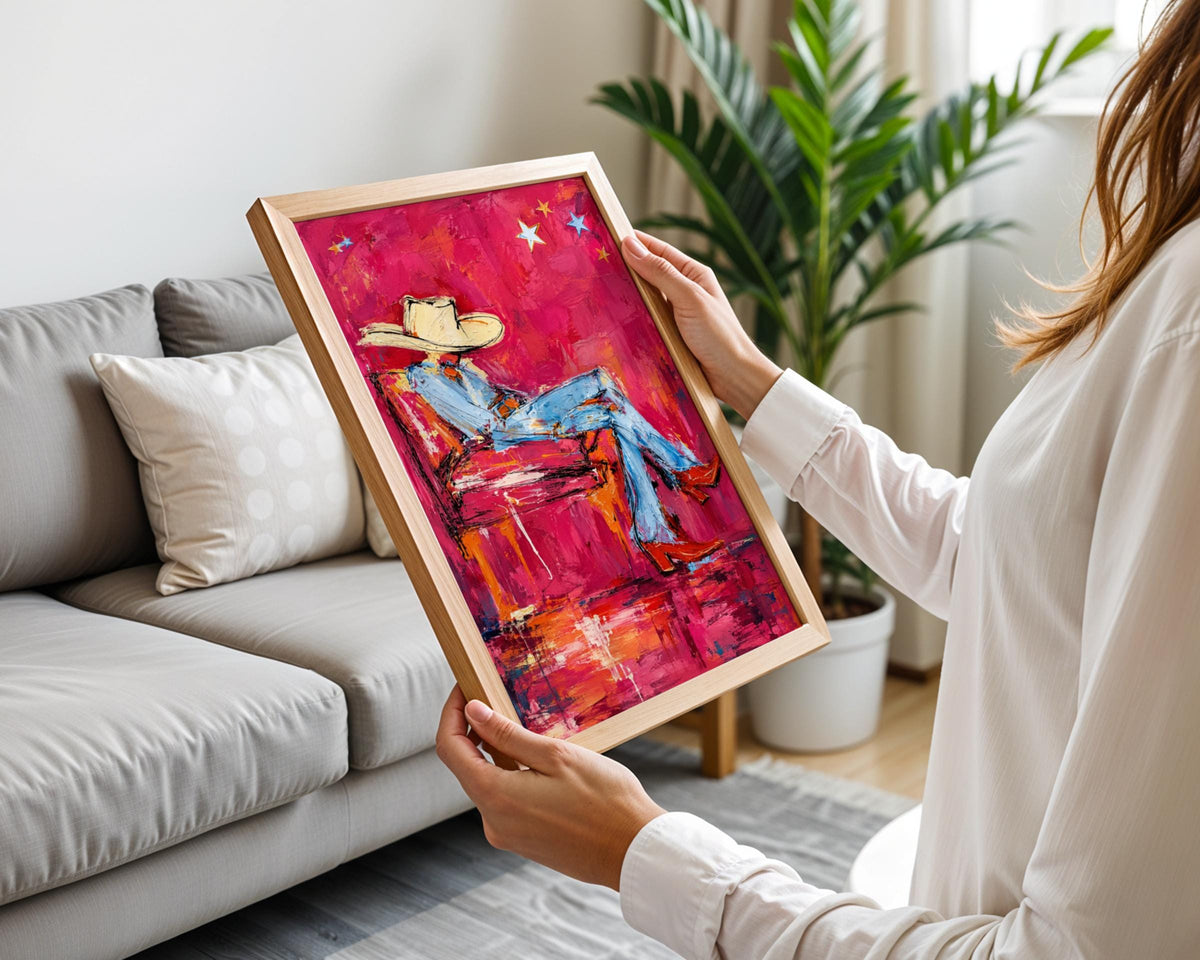 Relaxing Cowboy Abstract Wall Art, Pink Western Poster, Cowgirl Boots Painting, Bold Eclectic Print