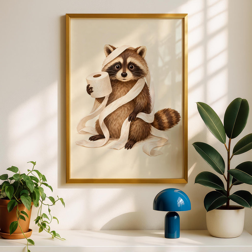 Funny Raccoon Bathroom Wall Art, Toilet Roll Print, Quirky Animal Poster, Loo Humour Decor