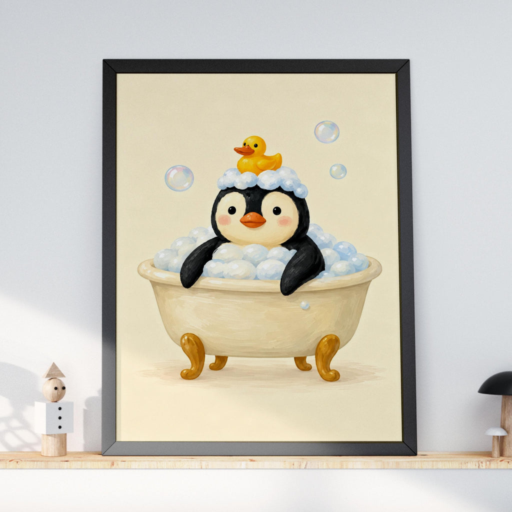 Penguin Bubble Bath Print, Cute Bathroom Wall Art, Rubber Duck Poster, Nursery Animal Decor