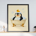 Penguin Bubble Bath Print, Cute Bathroom Wall Art, Rubber Duck Poster, Nursery Animal Decor