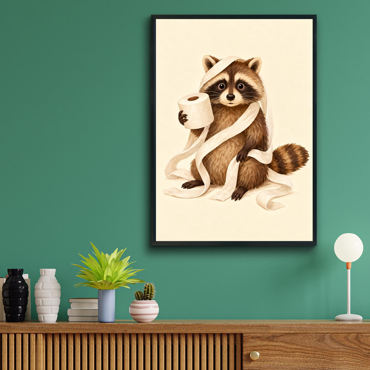 Funny Raccoon Bathroom Wall Art, Toilet Roll Print, Quirky Animal Poster, Loo Humour Decor